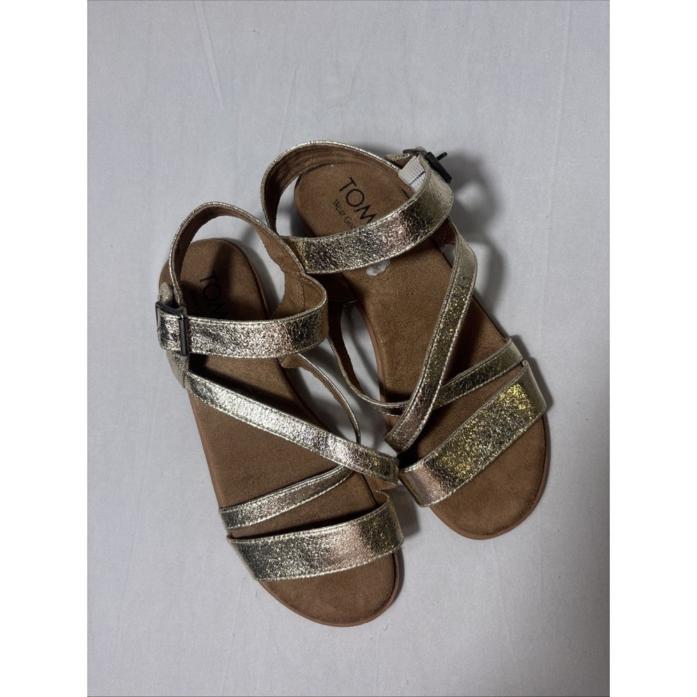 Toms Gold Metallic Strap Flat Leather Suede Sandals Size 7.5 Women Shoes